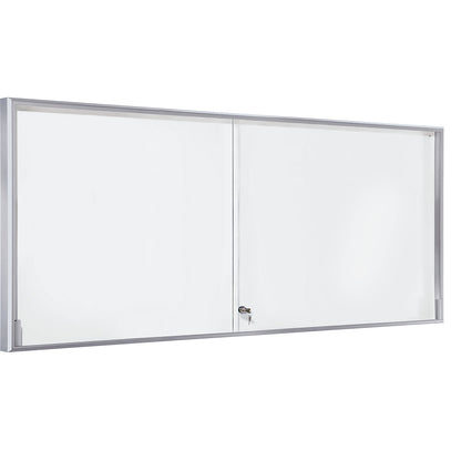 Display case, aluminium frame, sliding doors, 27 x A4, WxHxD 1970 x 970 x 50 mm, square frame corners.