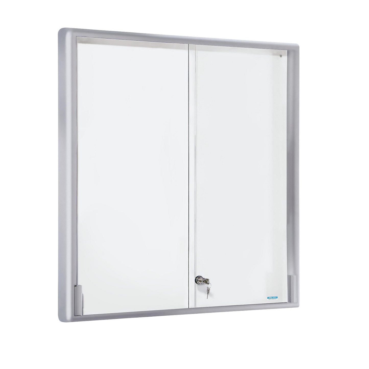 Display case, aluminium frame, sliding doors, 12 x A4, WxHxD 910 x 970 x 50 mm, round frame corners.