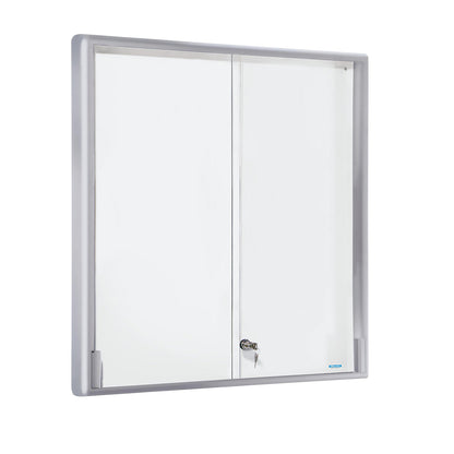 Display case, aluminium frame, sliding doors, 12 x A4, WxHxD 910 x 970 x 50 mm, round frame corners.