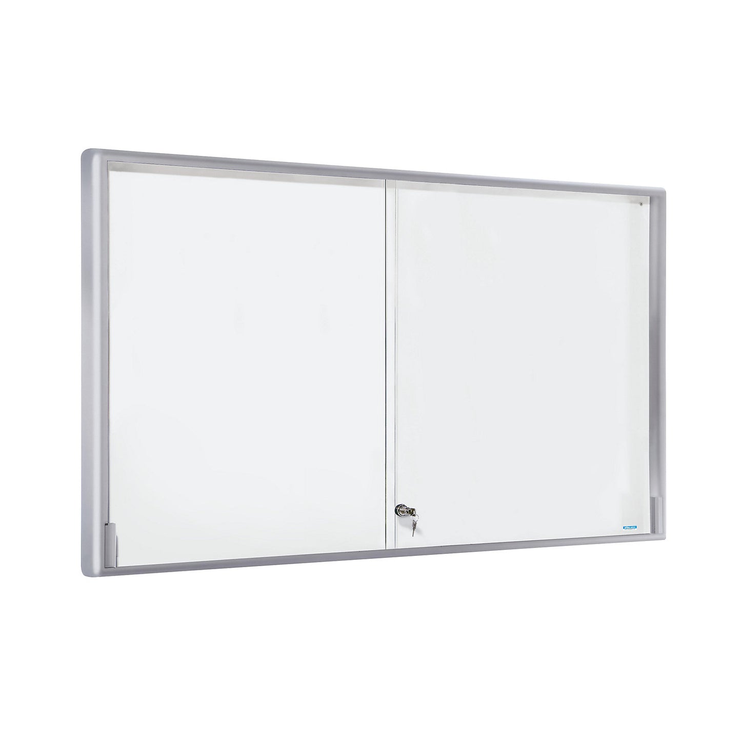Display case, aluminium frame, sliding doors, 21 x A4, WxHxD 1540 x 970 x 50 mm, round frame corners.