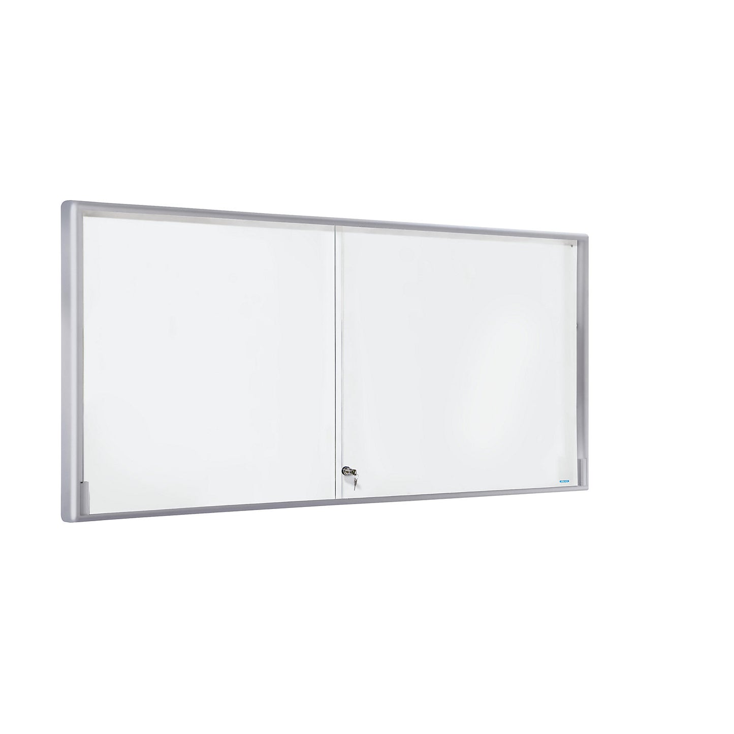 Display case, aluminium frame, sliding doors, 27 x A4, WxHxD 1970 x 970 x 50 mm, round frame corners.