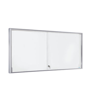 Display case, aluminium frame, sliding doors, 27 x A4, WxHxD 1970 x 970 x 50 mm, round frame corners.