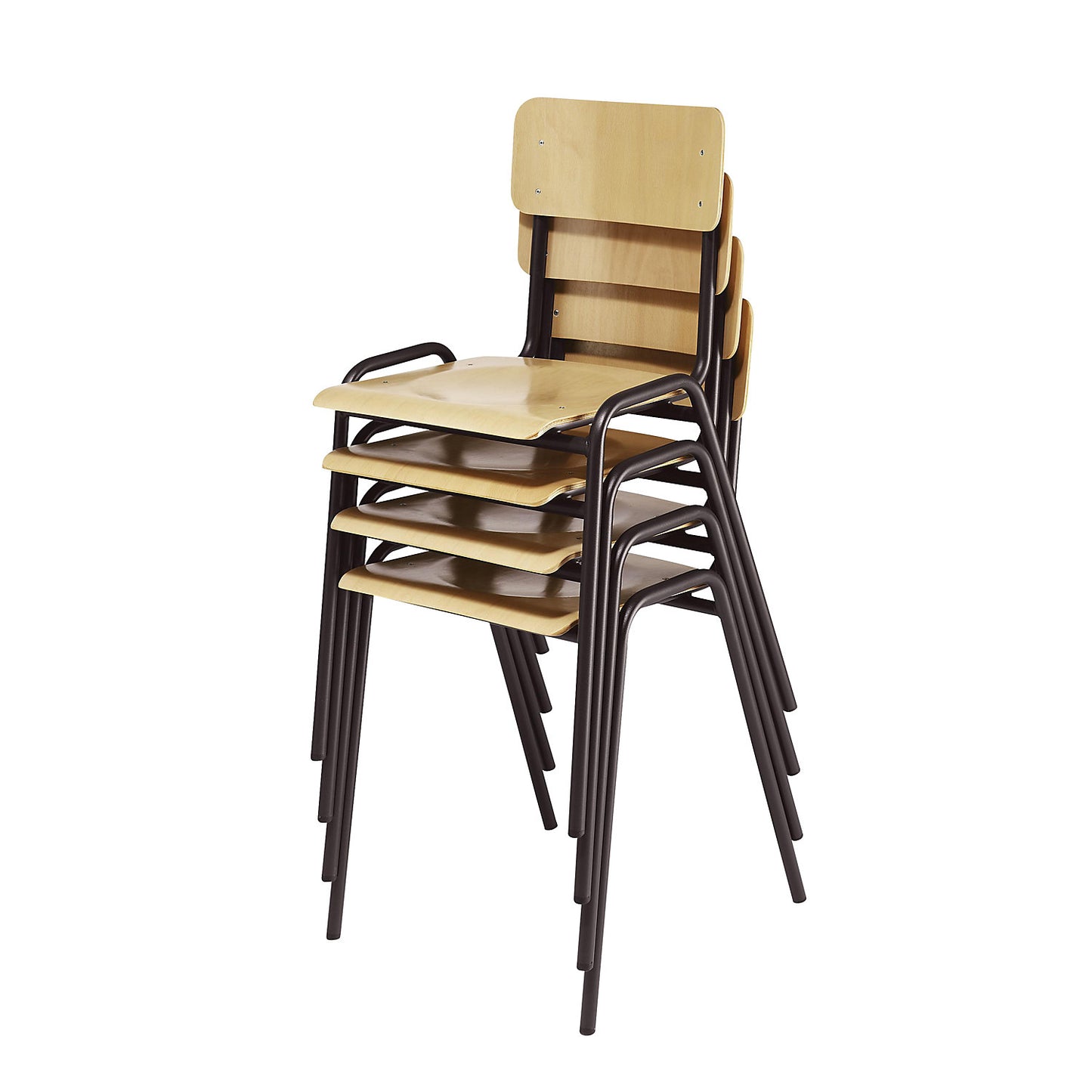 Stacking chair, beech plywood, pack of 4, grey brown frame.