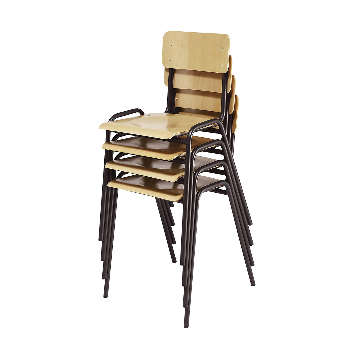 Stacking chair, beech plywood, pack of 4, grey brown frame.