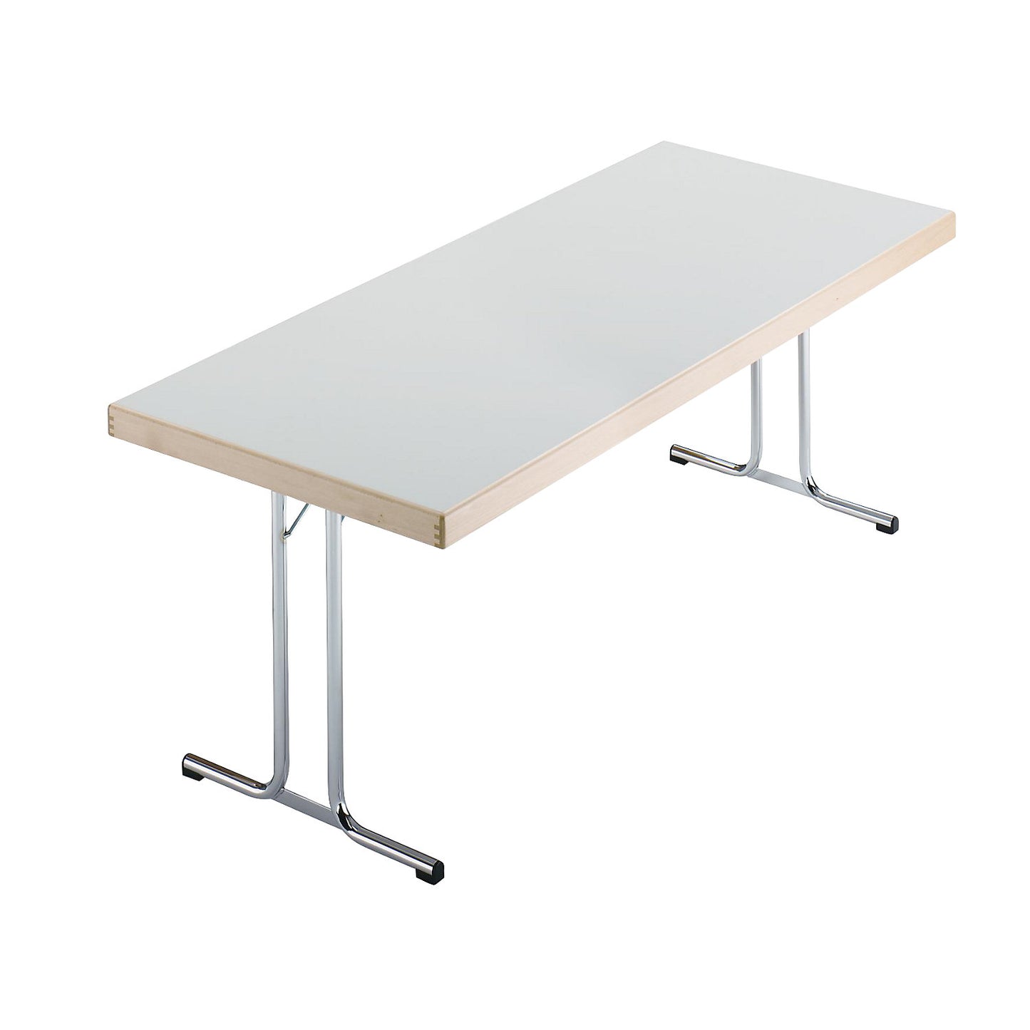 Folding table, double T-foot stand, 1500x800 mm, chrome-plated frame, light grey panel.