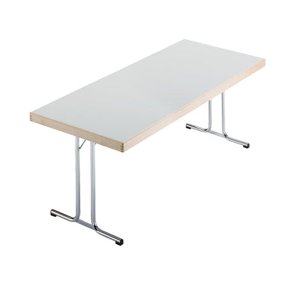 Folding table, double T-foot stand, 1500x800 mm, chrome-plated frame, light grey panel.