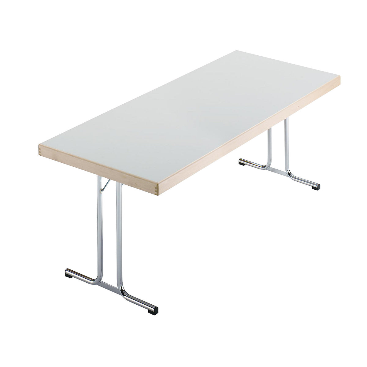 Folding table, double T-foot stand, 1500x800 mm, chrome-plated frame, light grey panel.