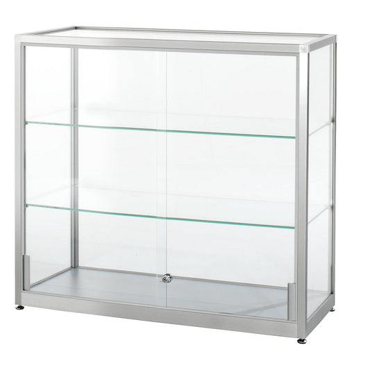Half height glass cabinet, height 910 mm, 2 sliding doors, WxD 1000 x 400 mm, silver anodised.