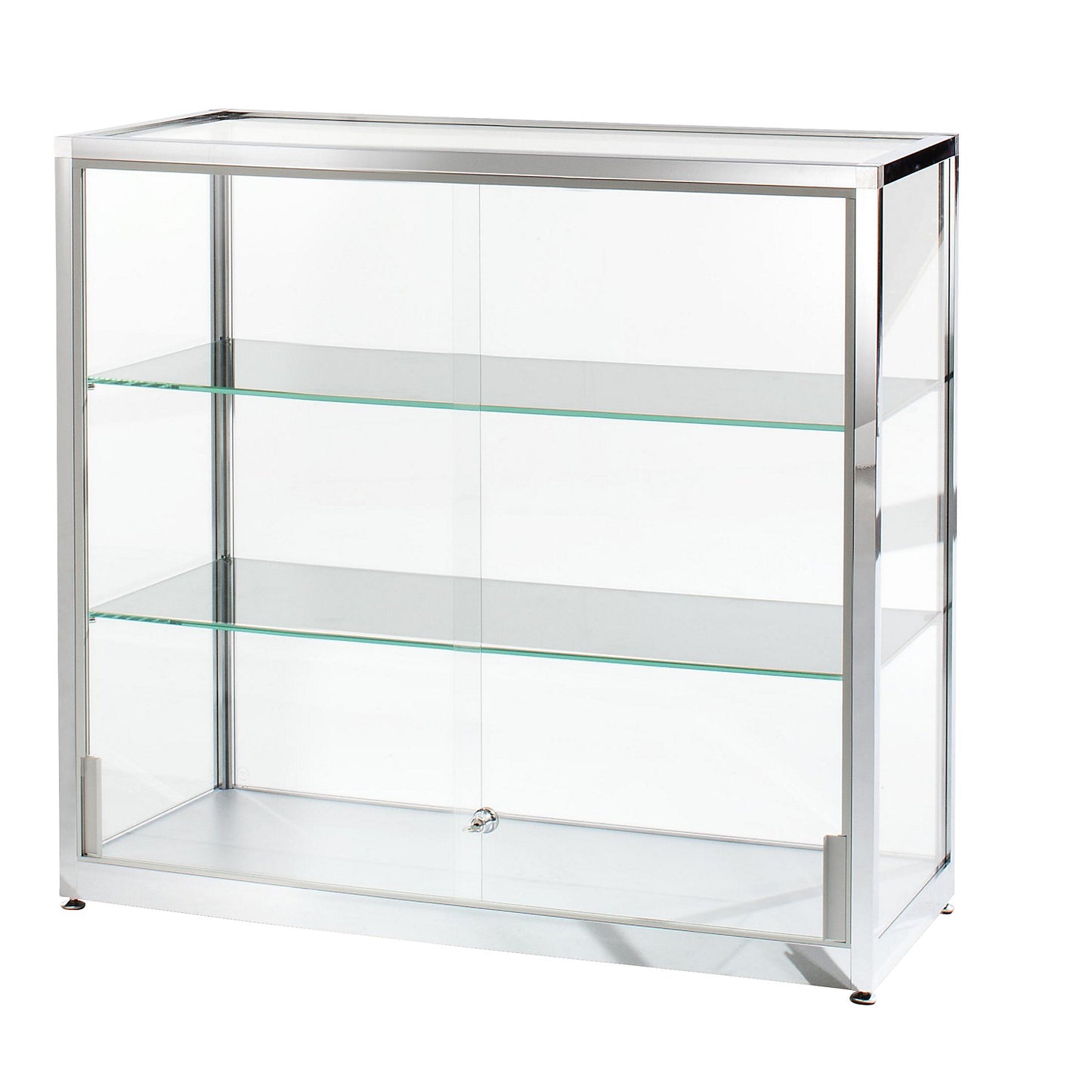 Half height glass cabinet, height 910 mm, 2 sliding doors, WxD 1000 x 400 mm, stainless steel finish.