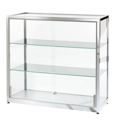 Half height glass cabinet, height 910 mm, 2 sliding doors, WxD 1000 x 400 mm, stainless steel finish.