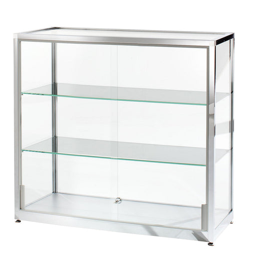Half height glass cabinet, height 910 mm, 2 sliding doors, WxD 1000 x 400 mm, stainless steel finish.