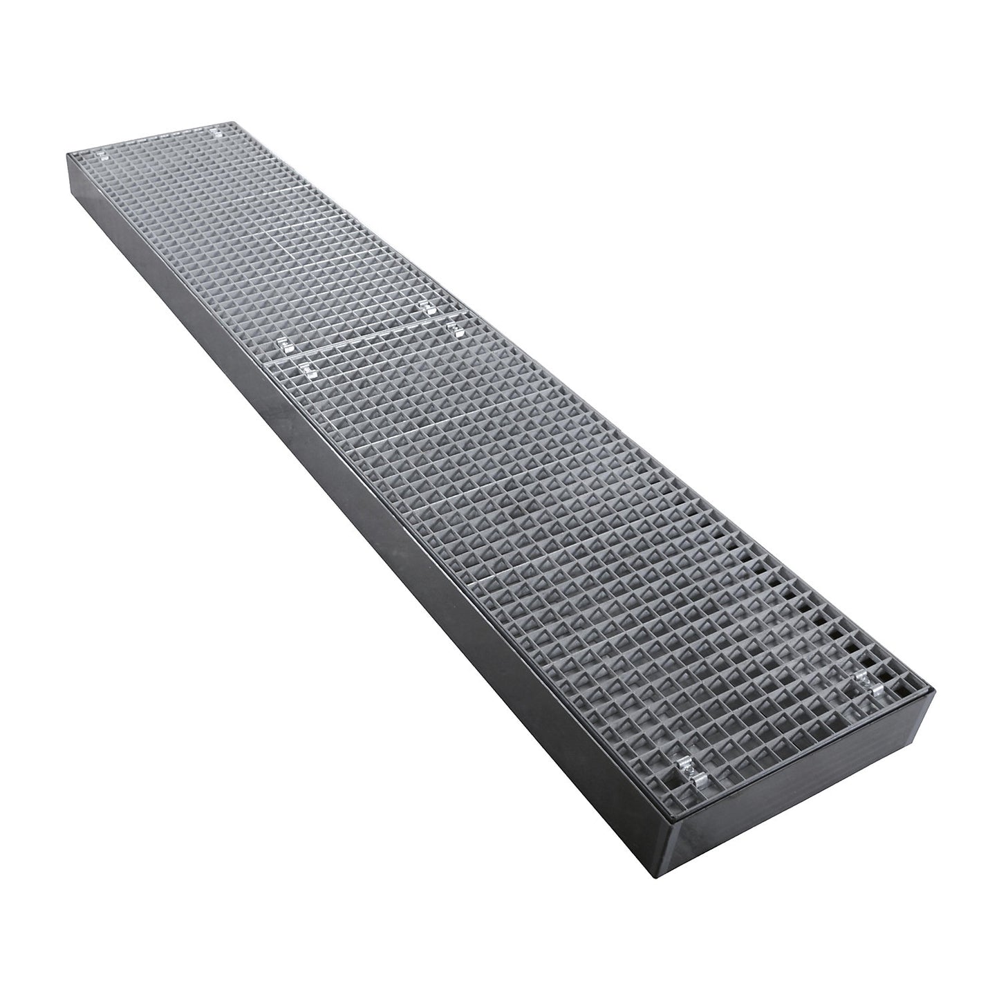 Zinc plated low profile steel sump trays, width 500 mm, length 2500 mm, capacity 100 l.