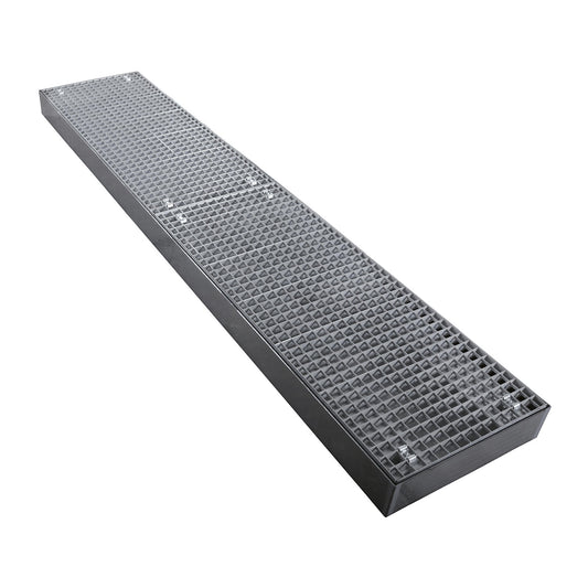 Zinc plated low profile steel sump trays, width 500 mm, length 2500 mm, capacity 100 l.