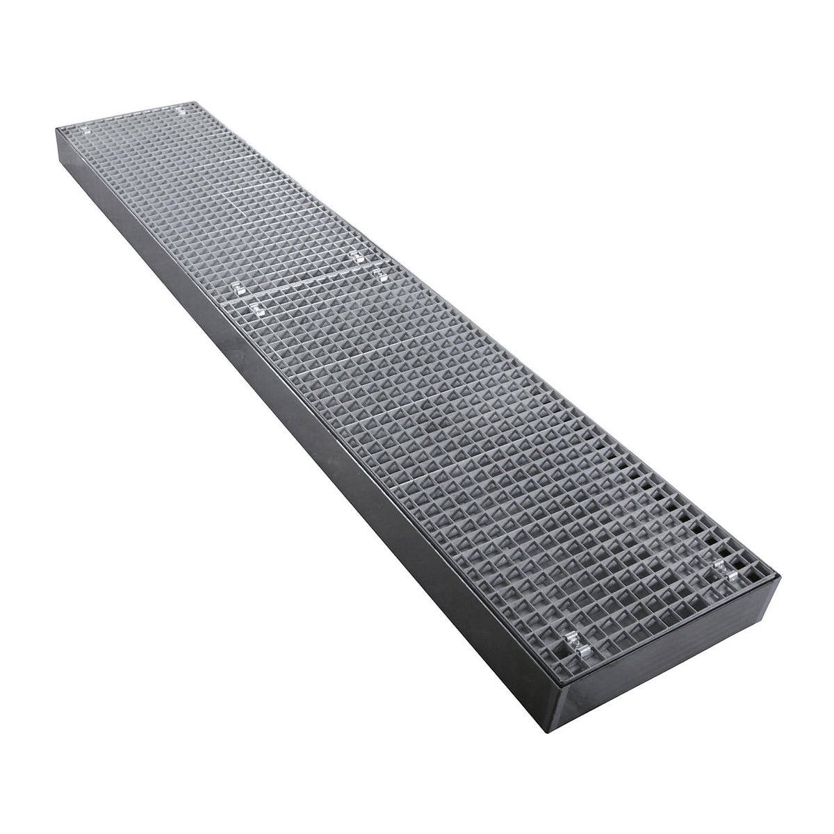 Zinc plated low profile steel sump trays, width 500 mm, length 2500 mm, capacity 100 l.