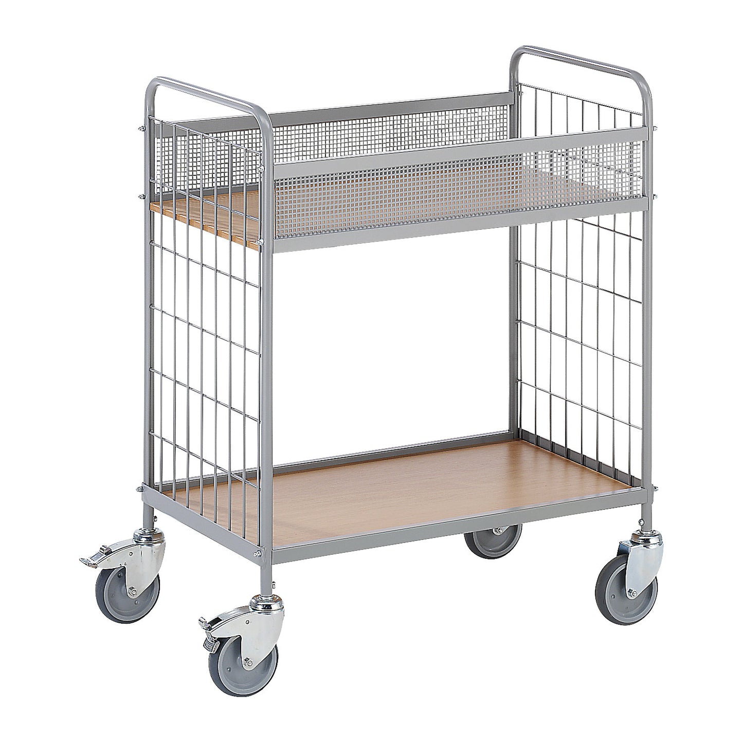 Office shelf trolley, max. load 150 kg, with 2 shelves, 4 swivel castors, 2 with double stops, wheel Ø 100 mm.