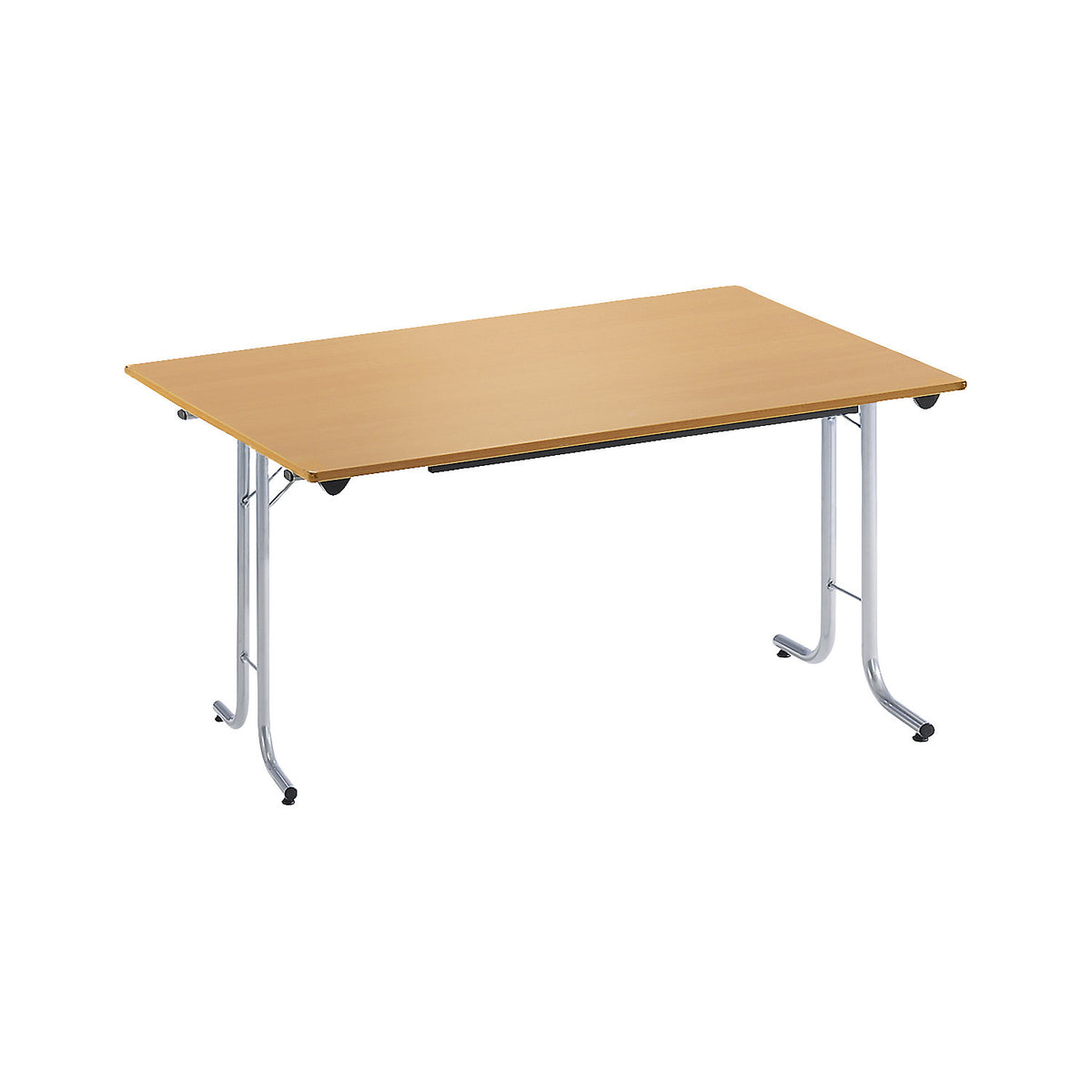 Folding table, with rounded edges, round tubular frame, rectangular top, 1200 x 700 mm, aluminium coloured frame, beech finish tabletop.
