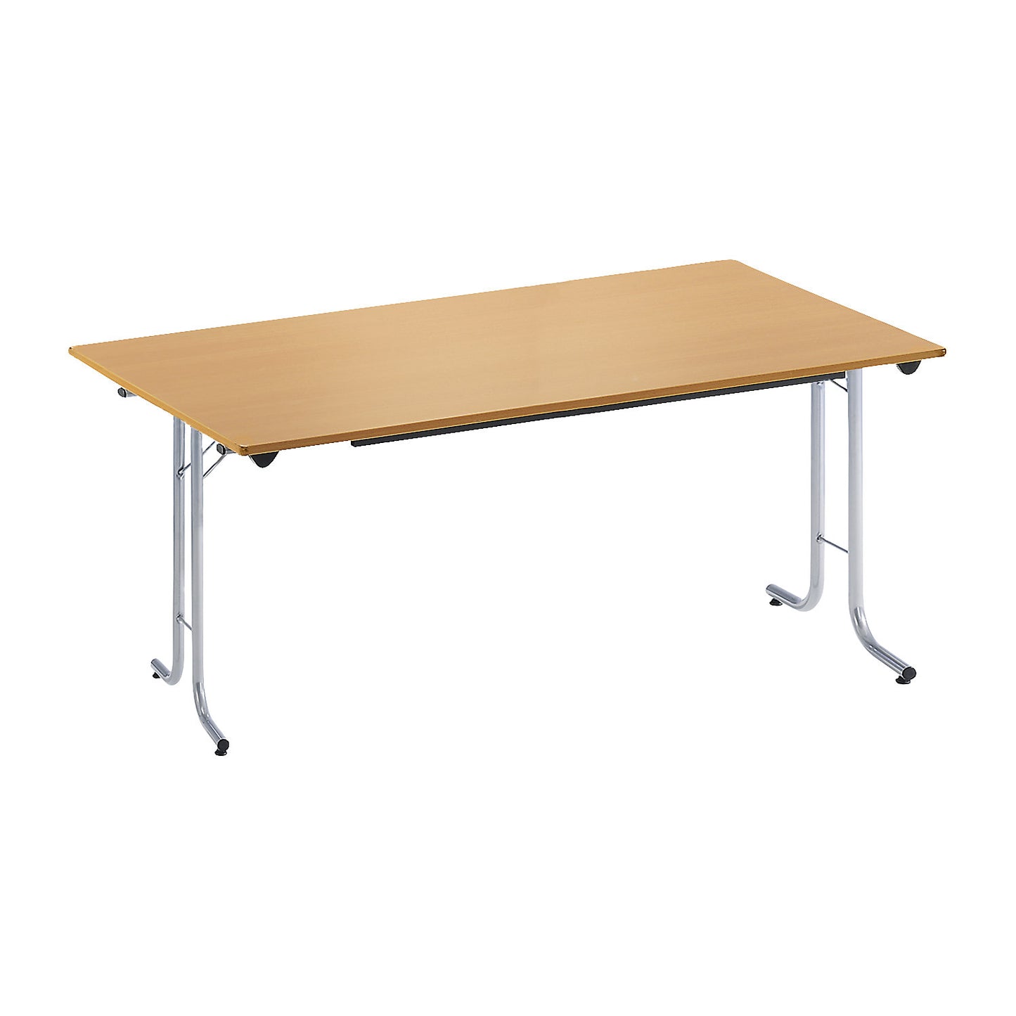 Folding table, with rounded edges, round tubular frame, rectangular top, 1400 x 700 mm, aluminium coloured frame, beech finish tabletop.