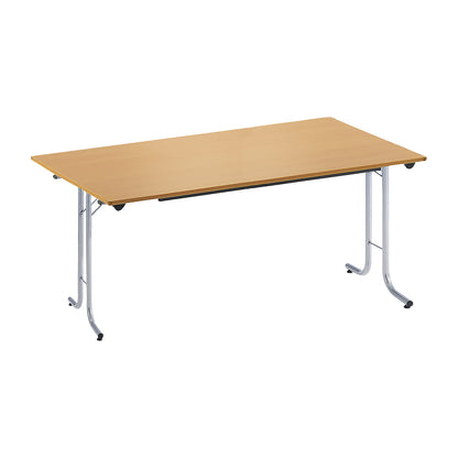 Folding table, with rounded edges, round tubular frame, rectangular top, 1400 x 700 mm, aluminium coloured frame, beech finish tabletop.