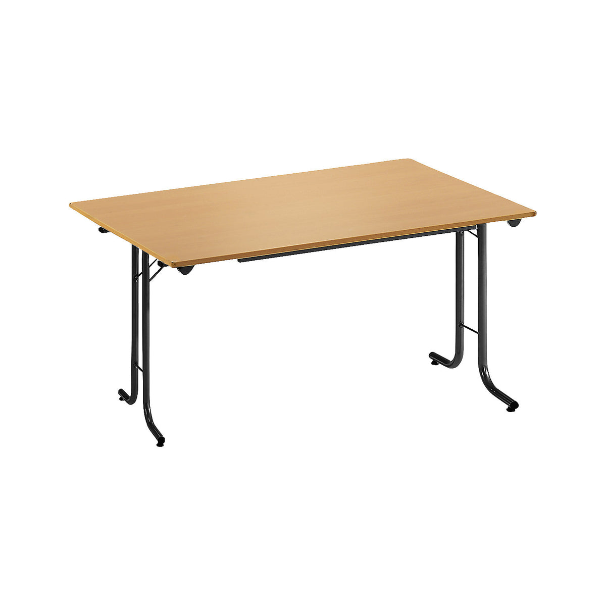 Folding table, with rounded edges, round tubular frame, rectangular top, 1200 x 700 mm, black frame, beech finish tabletop.