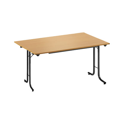 Folding table, with rounded edges, round tubular frame, rectangular top, 1200 x 700 mm, black frame, beech finish tabletop.