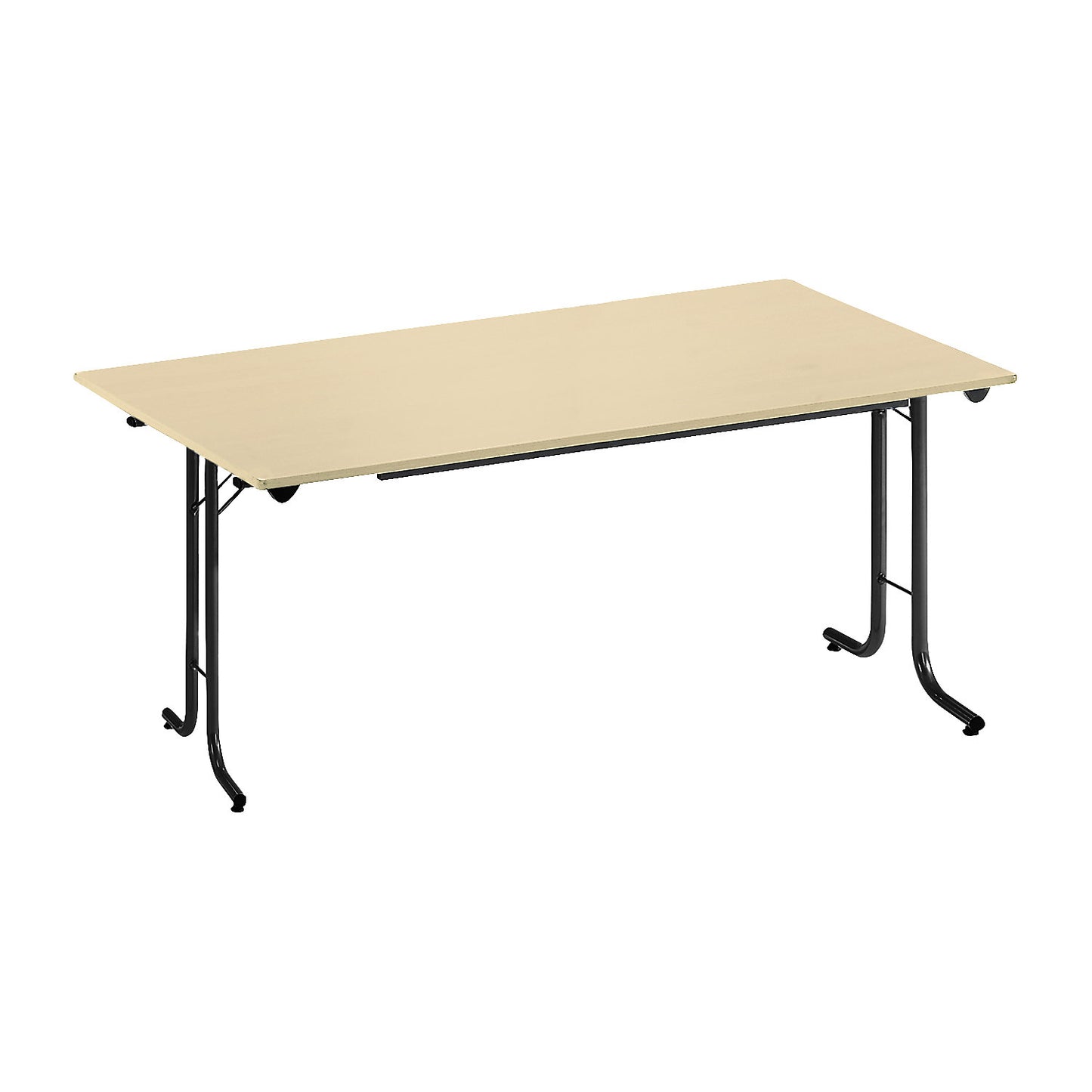 Folding table, with rounded edges, round tubular frame, rectangular top, 1400 x 700 mm, black frame, maple finish tabletop.
