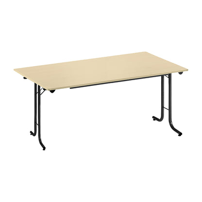 Folding table, with rounded edges, round tubular frame, rectangular top, 1400 x 700 mm, black frame, maple finish tabletop.