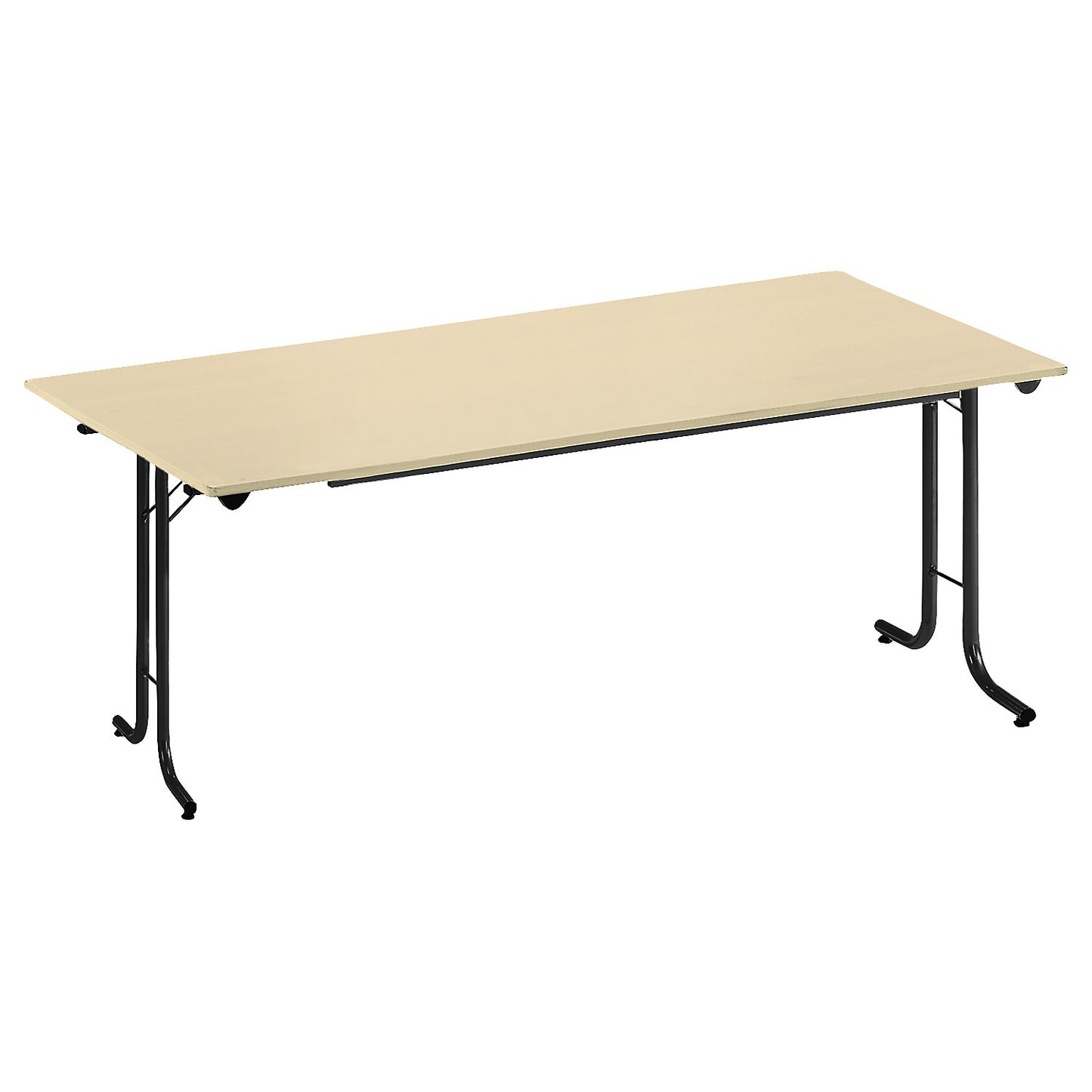 Folding table, with rounded edges, round tubular frame, rectangular top, 1600 x 700 mm, black frame, maple finish tabletop.