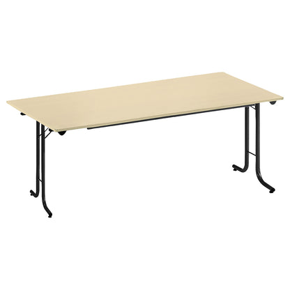 Folding table, with rounded edges, round tubular frame, rectangular top, 1600 x 700 mm, black frame, maple finish tabletop.