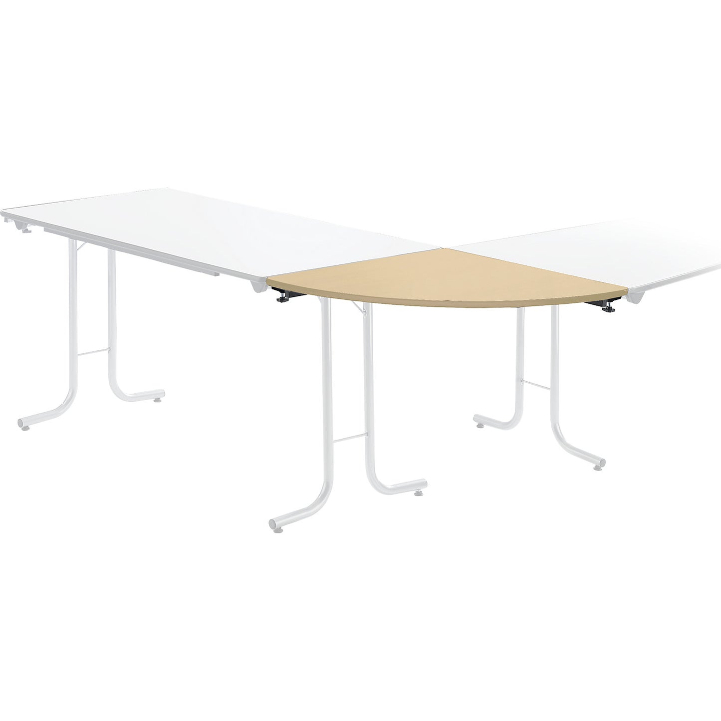 Extension table for folding table, quarter circle top, 700 x 700 mm, black frame, maple finish tabletop.