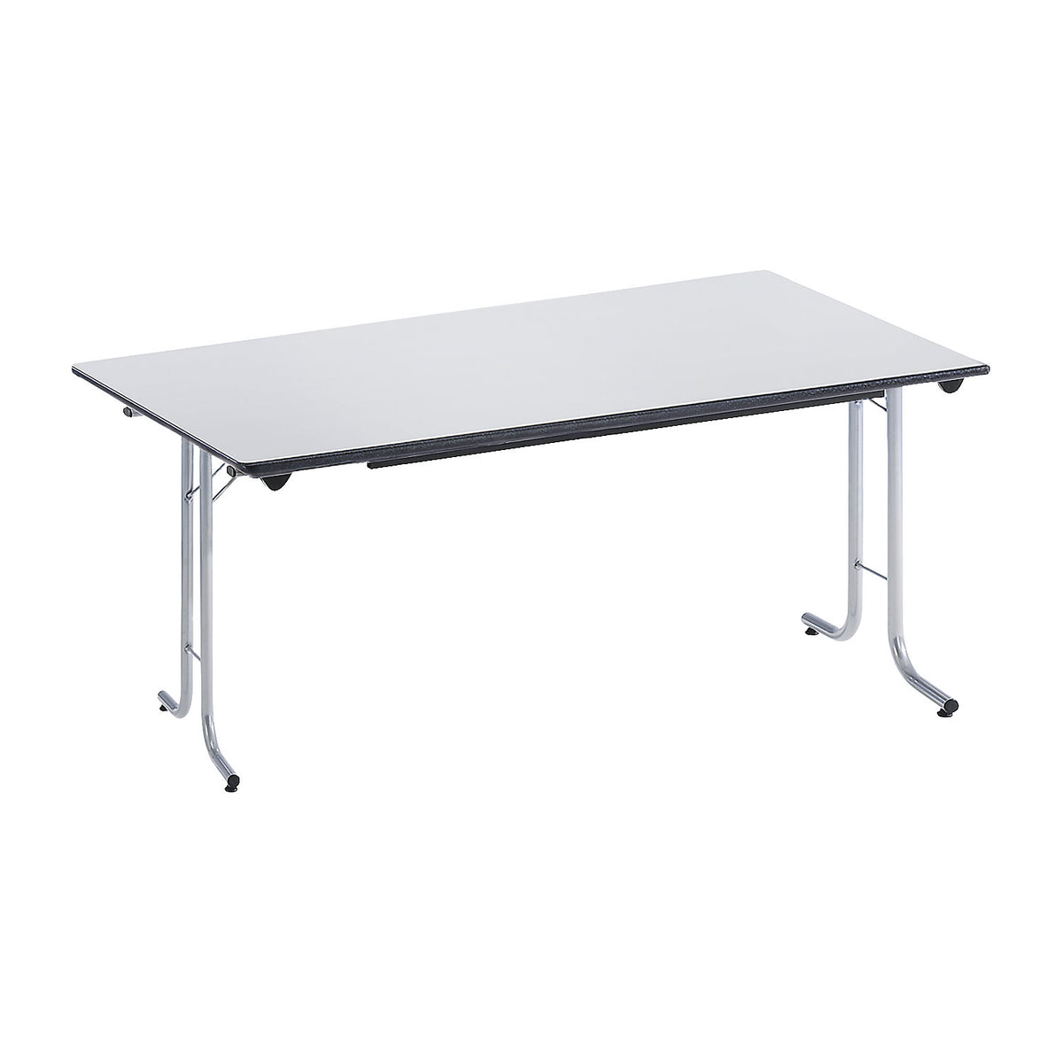 Folding table, with rounded edges, round tubular frame, rectangular top, 1400 x 700 mm, aluminium coloured frame, light grey tabletop.
