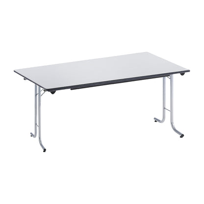 Folding table, with rounded edges, round tubular frame, rectangular top, 1400 x 700 mm, aluminium coloured frame, light grey tabletop.