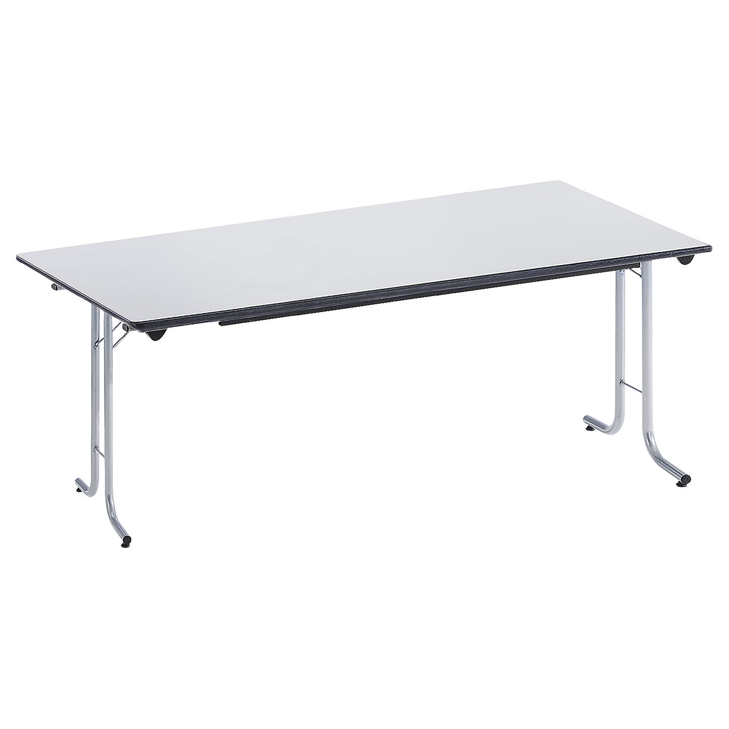 Folding table, with rounded edges, round tubular frame, rectangular top, 1600 x 700 mm, aluminium coloured frame, light grey tabletop.