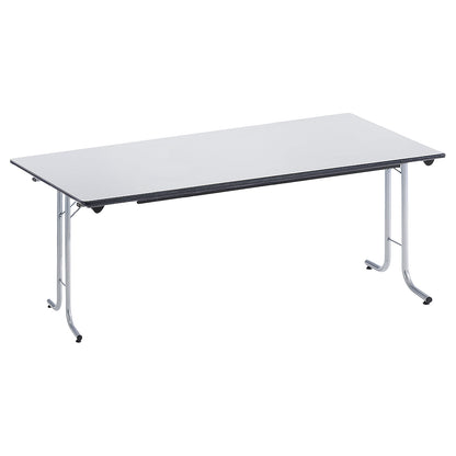 Folding table, with rounded edges, round tubular frame, rectangular top, 1600 x 700 mm, aluminium coloured frame, light grey tabletop.