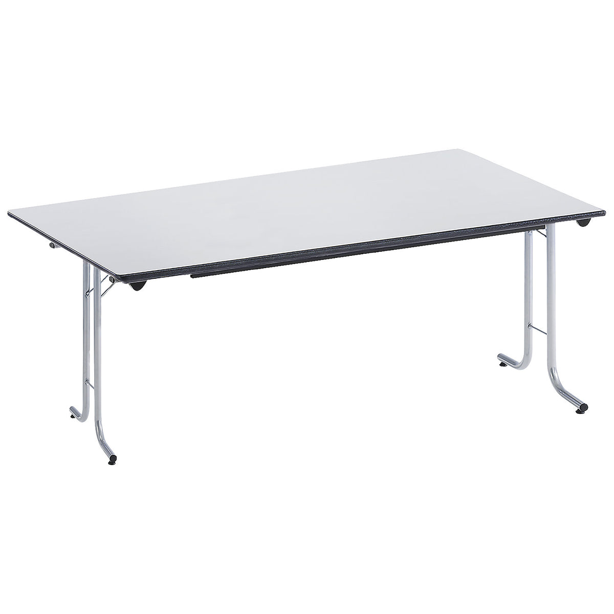Folding table, with rounded edges, round tubular frame, rectangular top, 1600 x 800 mm, aluminium coloured frame, light grey tabletop.
