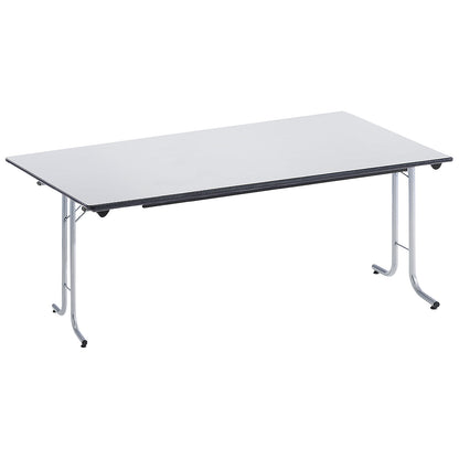Folding table, with rounded edges, round tubular frame, rectangular top, 1600 x 800 mm, aluminium coloured frame, light grey tabletop.