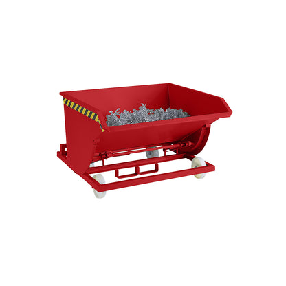 Tilting skip for metal swarf, with nylon wheels, capacity 0.3 m³, flame red.