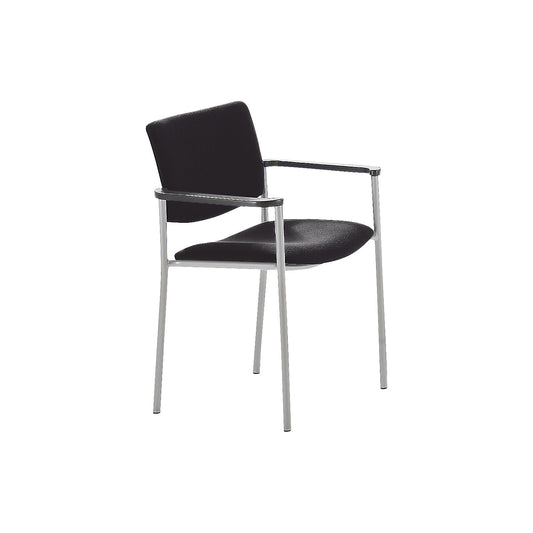 Padded visitors' chair with plastic glides, aluminium coloured frame, black covering.