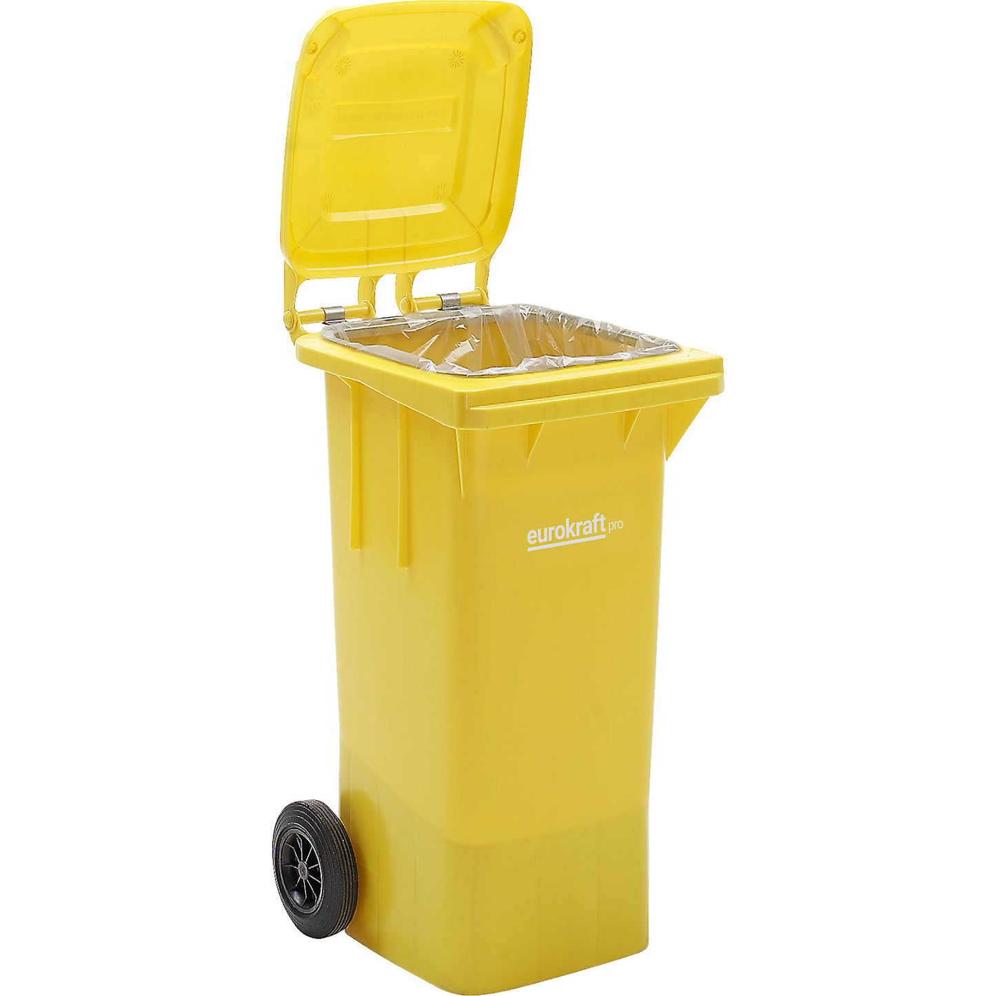 Plastic waste bin DIN EN 840, capacity 240 l, WxHxD 580 x 1100 x 740 mm, yellow.