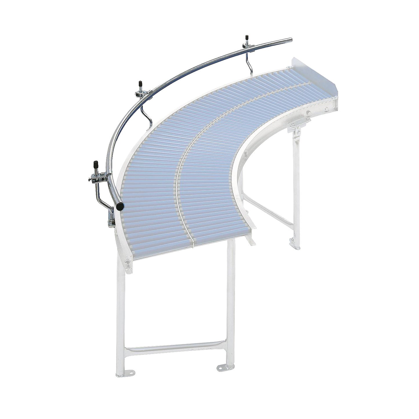 Lateral guide rail for light-duty roller conveyor, 90° curve, outside.