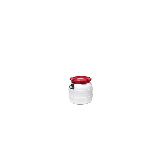 Wide neck drum with screw on lid, white / red, capacity 42 l, height 418 mm.