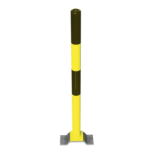 Barrier post made of steel, for bolting in place, Ø 76 mm, black/yellow, 2 chain eyelets.