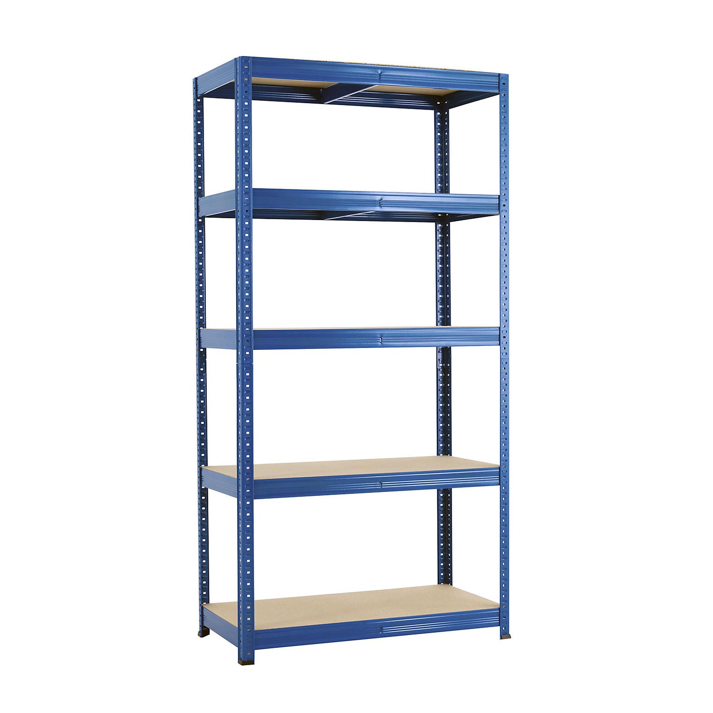 Boltless shelving unit, blue, 5 moulded chipboard shelves, max. load 265 kg, HxWxD 1780 x 900 x 450 mm.
