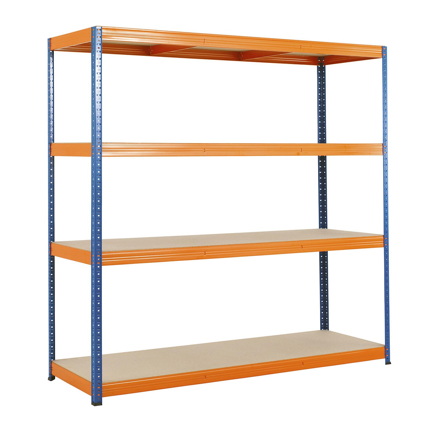 Boltless shelving unit, blue / orange, max. bay load 1200 kg, HxWxD 1780 x 1800 x 600 mm, 4 moulded chipboard shelves.