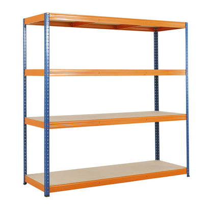 Boltless shelving unit, blue / orange, max. bay load 1200 kg, HxWxD 1780 x 1800 x 600 mm, 4 moulded chipboard shelves.