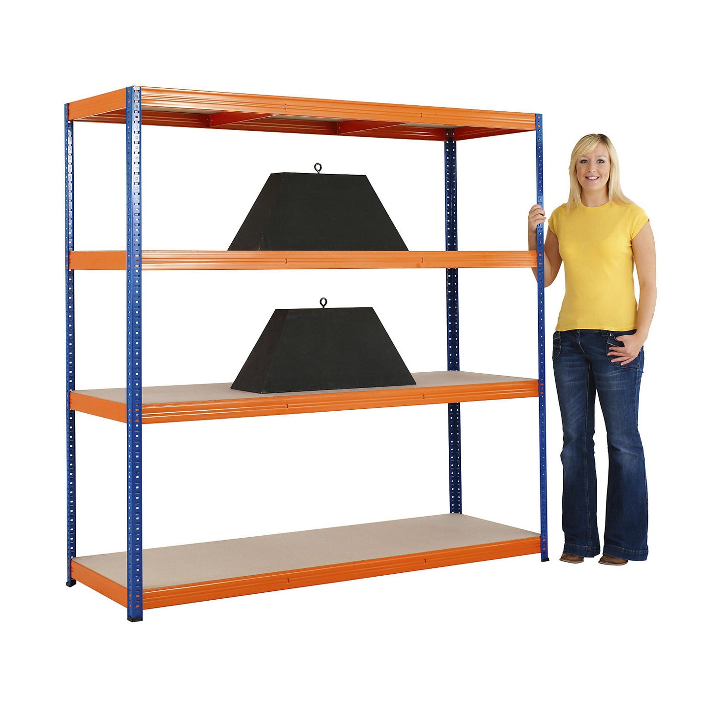 Boltless shelving unit, blue / orange, max. bay load 1200 kg, HxWxD 1780 x 1800 x 600 mm, 4 moulded chipboard shelves.