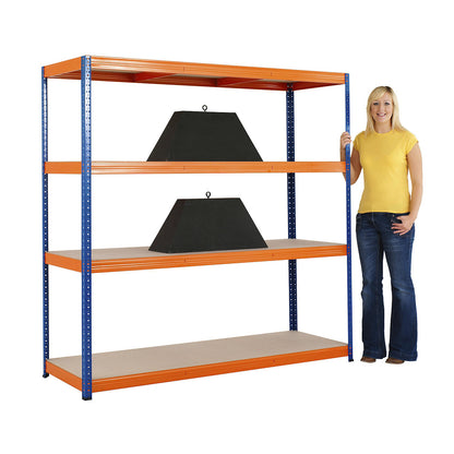 Boltless shelving unit, blue / orange, max. bay load 1200 kg, HxWxD 1780 x 1800 x 600 mm, 4 moulded chipboard shelves.