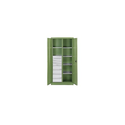 Storage cupboard made of sheet steel, 6 shelves, 8 drawers, HxWxD 1950 x 930 x 500 mm, reseda green.