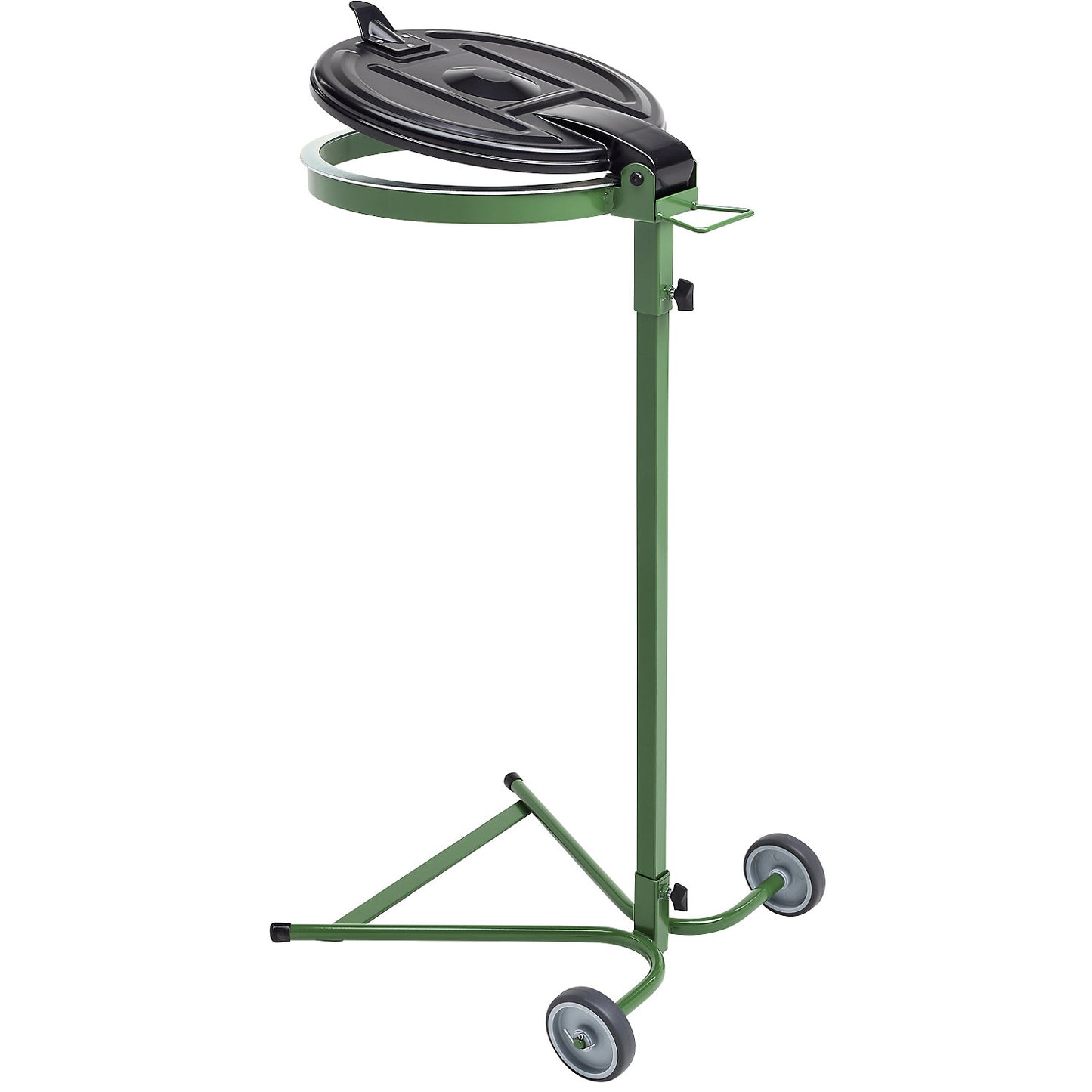 Waste sack stand, for capacity 120 l, 2-wheeled base, green, plastic lid.