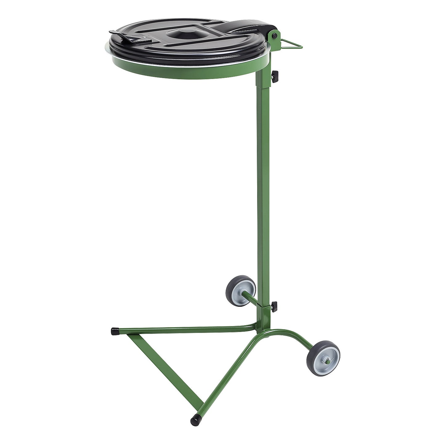 Waste sack stand, for capacity 120 l, 2-wheeled base, green, plastic lid.