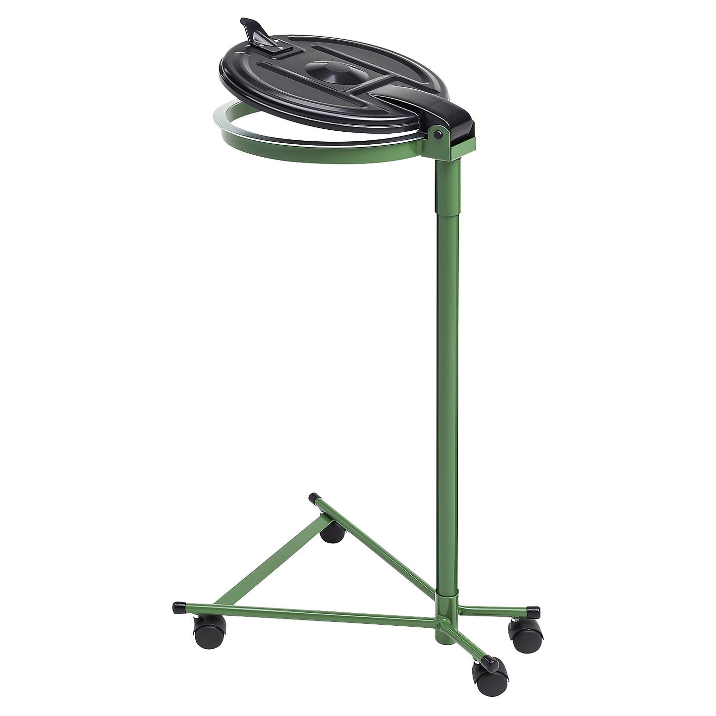 Waste sack stand, for capacity 120 l, 4-wheeled base, green, plastic lid.